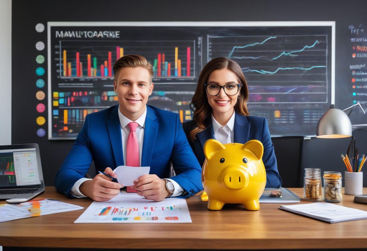 A confident person sitting at a desk surrounded by financial documents, charts, and laptops, with a glowing piggy bank and stacks of coins symbolizing wealth. The background features a chalkboard with financial strategies written in vibrant colors and graphs showcasing growth. The scene should exude a sense of mastery and control over finances. super-realistic. vibrant colors. modern office setting.