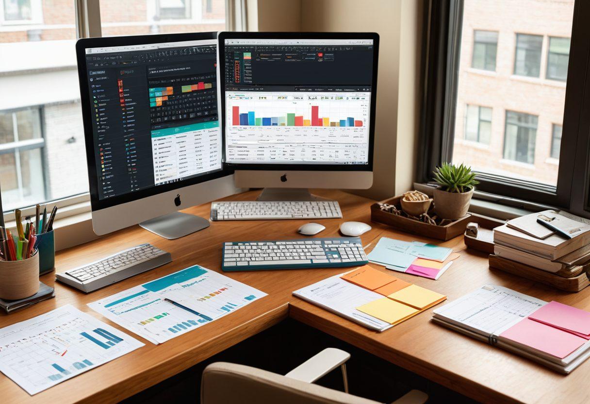 A split-screen image showcasing a cozy home office on one side filled with budgeting tools like spreadsheets, sticky notes, and a calculator, while the other side features a sleek modern finance workspace with charts, stock market screens, and investment books. Include an inspiring quote about financial wellbeing at the center. super-realistic. vibrant colors. 3D.