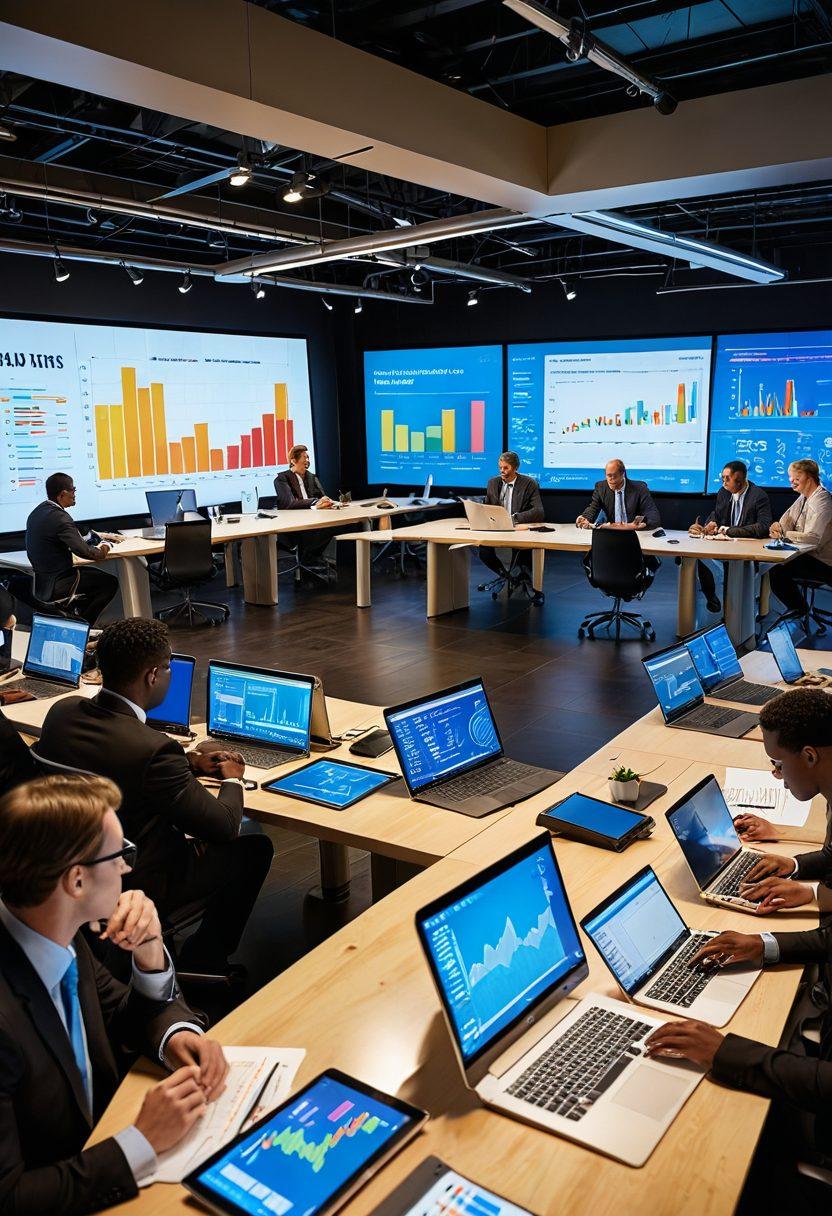 A diverse group of people discussing financial strategies around a modern conference table, with charts and graphs on digital screens in the background. The scene should depict a mix of urban ambiance and technology, symbolizing the banking landscape. Include items like laptops, calculators, and coffee cups to represent a collaborative atmosphere. The atmosphere should feel warm and inviting, highlighting effective teamwork in financial planning. super-realistic. vibrant colors. 3D.